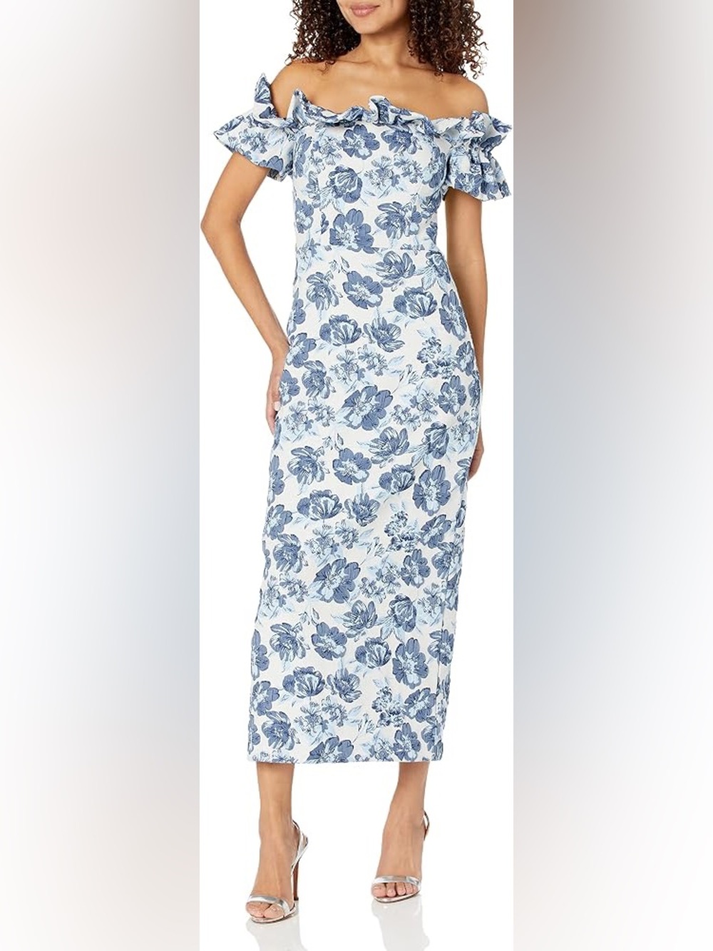 Shoshanna Blue and White Off-Shoulder Floral Midi Dress